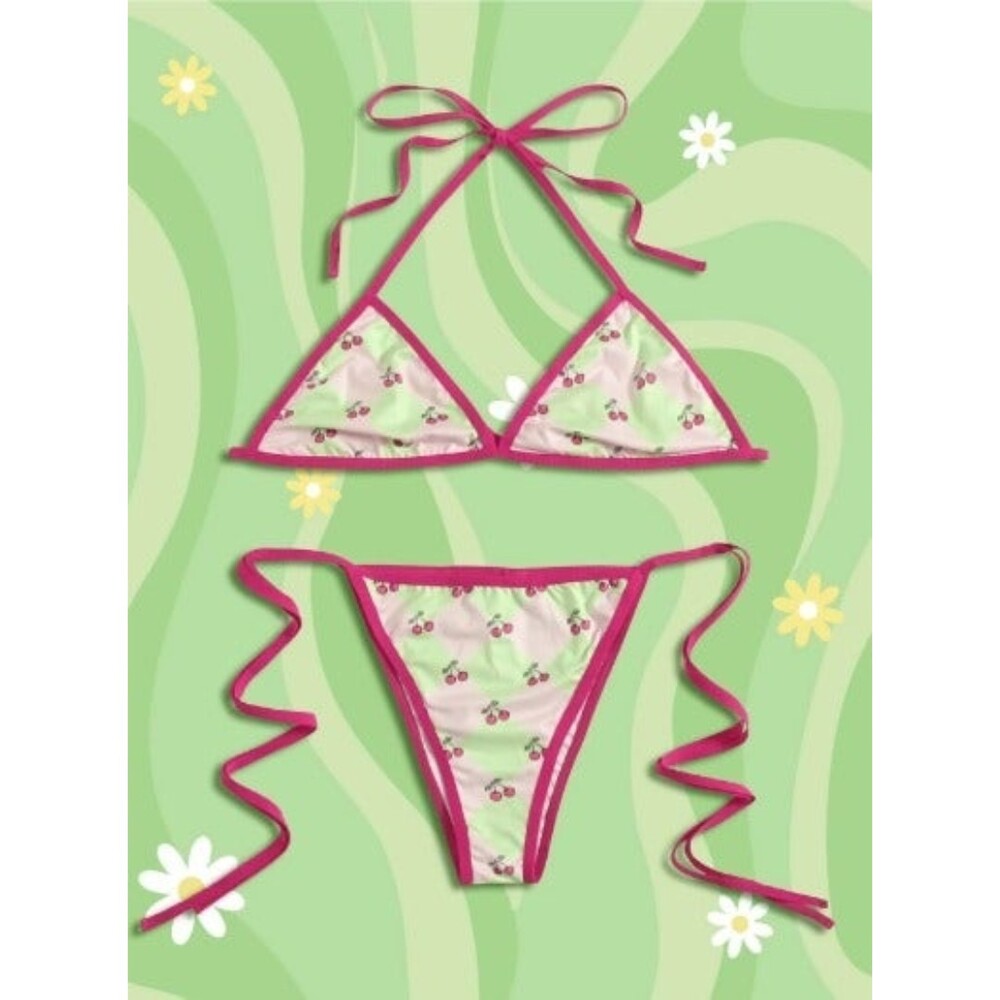 Medium Y2K Revival Cherry Print Triangle Halter Tie Side Lingerie Set